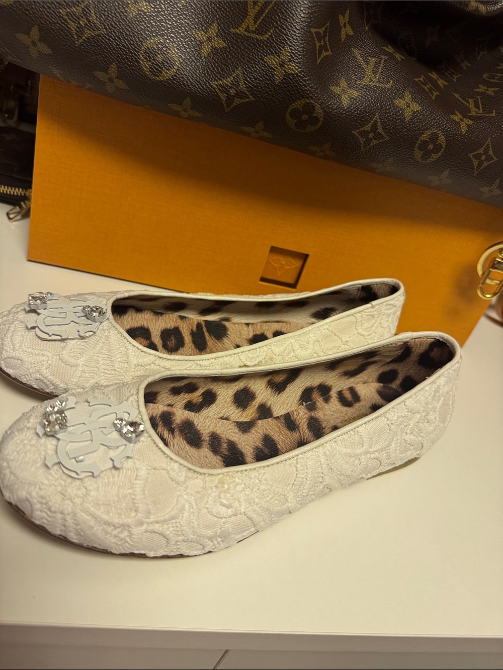 Roberto Cavalli White Lace Ballet Flats with Leopard-Print Insole